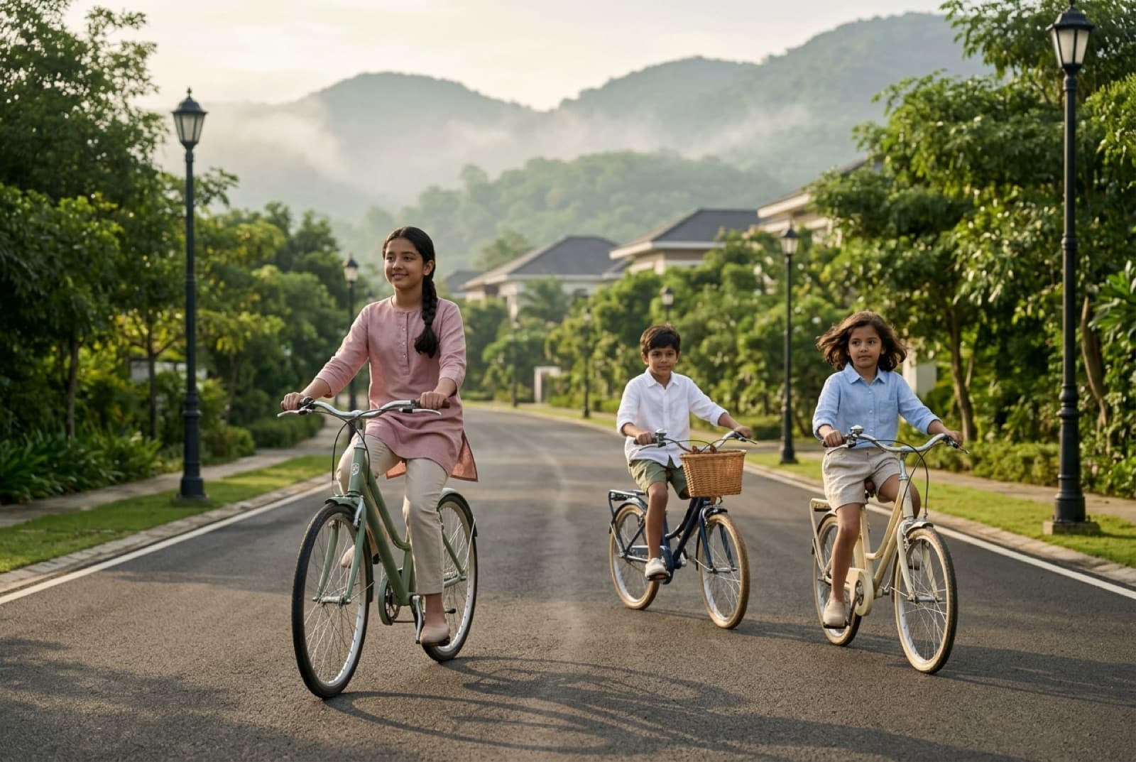 Children cycling down a tree-lined avenue toward the mountains at dawn