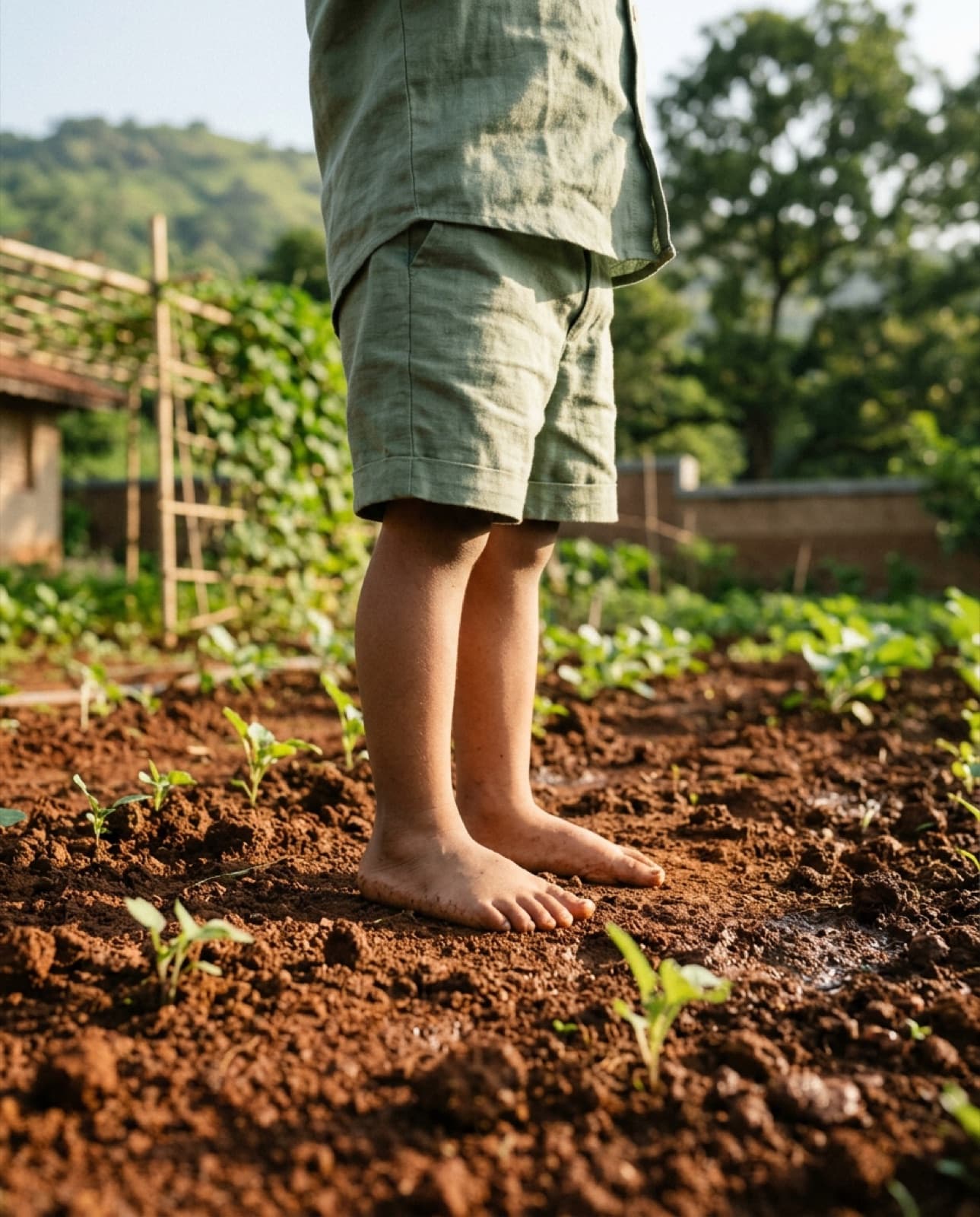 A child's bare feet on freshly tilled garden soil