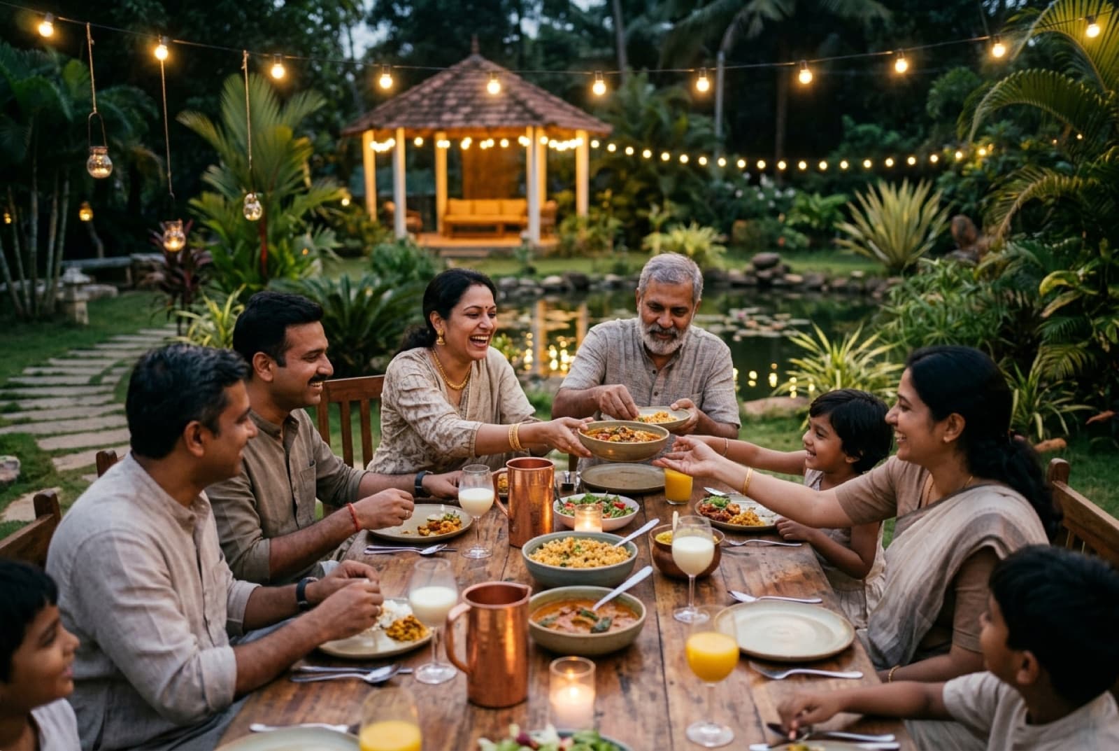 A community harvest dinner at a long table under string lights beside the pond