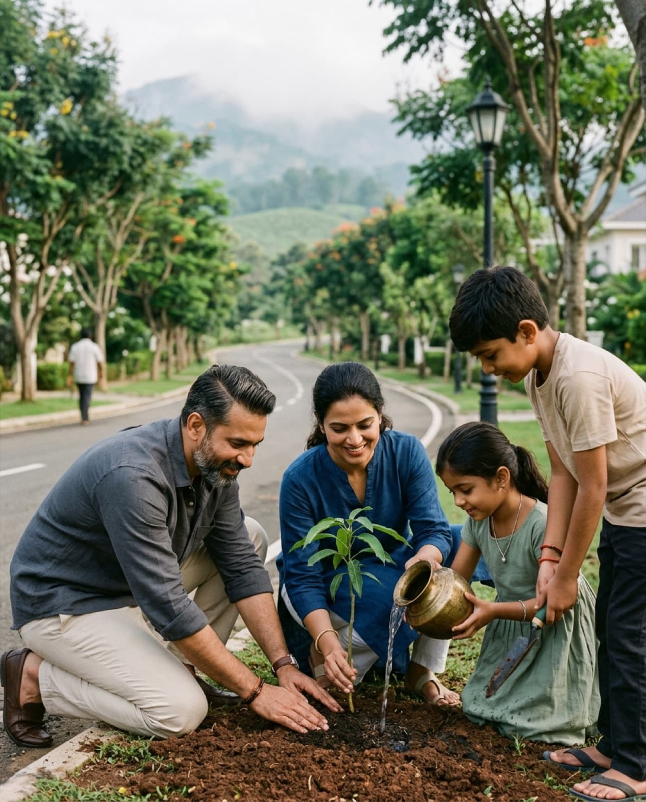 A family planting an avenue sapling together
