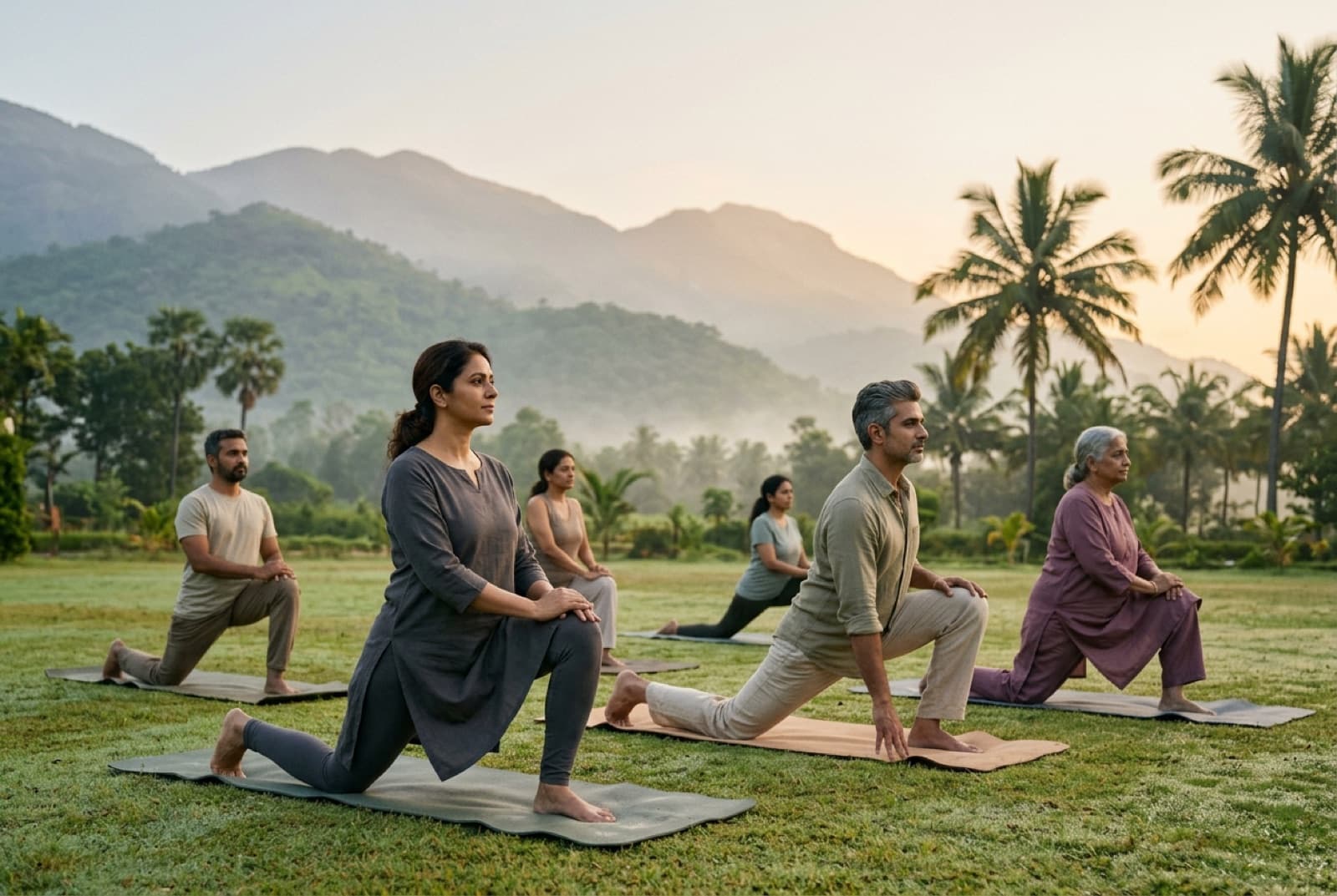 Residents practicing sunrise yoga facing the Velliangiri Mountains
